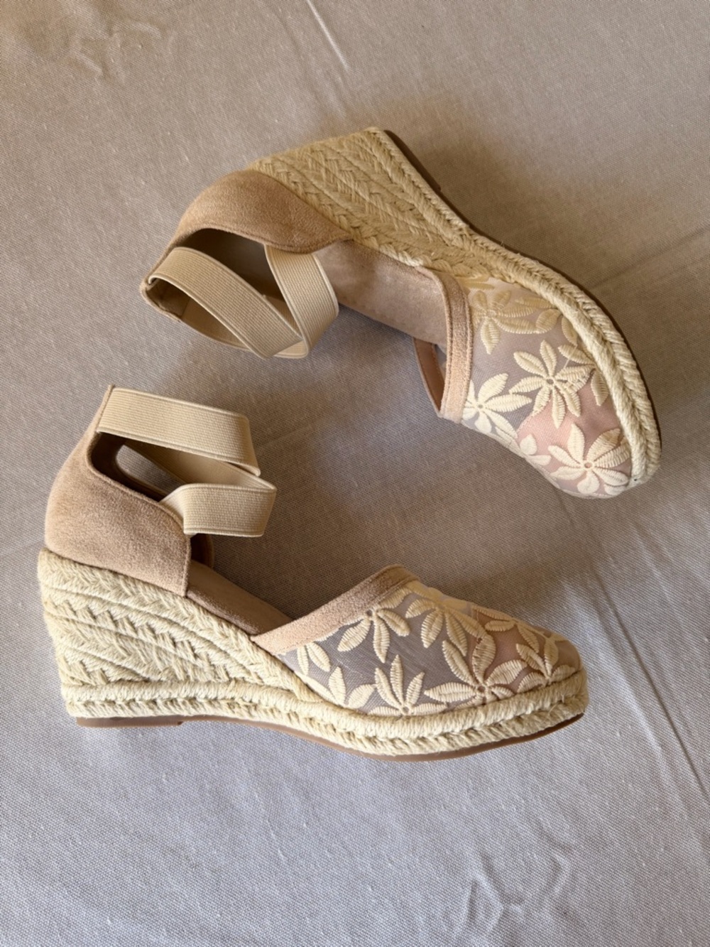 Espadrille Wedge Sandals in Beige with Floral Embroidered Upper